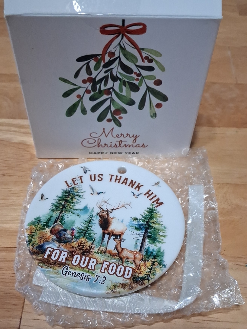 White Ceramic Deer Holiday Ornament with Scripture
